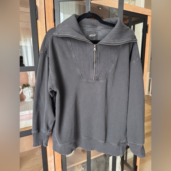 Aerie Down To Earth half zipper pullover sweatshirt ribbed charcoal oversized - Picture 3 of 8